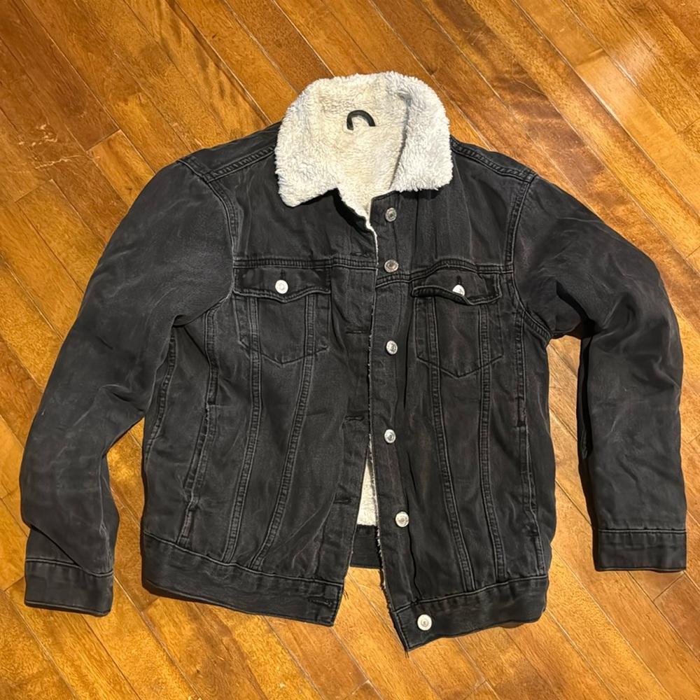 Topshop Sherpa Lined Coat Dark Grey Denim Jean Jacket